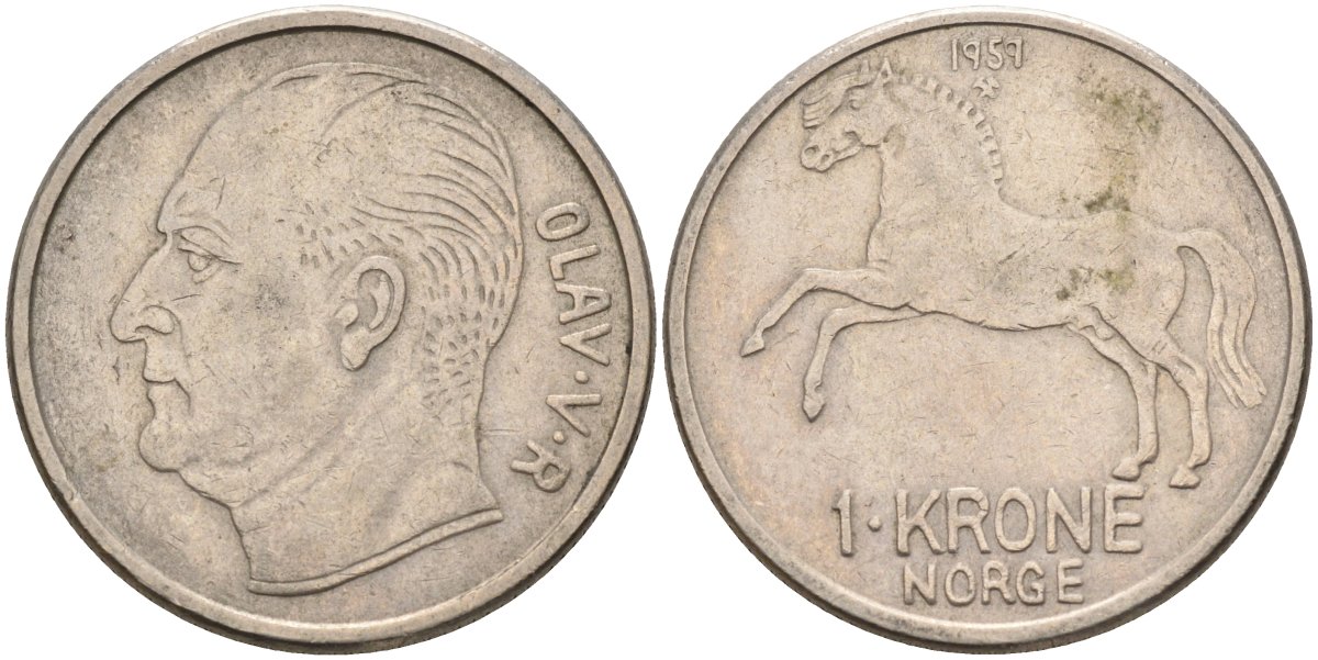 Норвегия 1 крона 1959 лошадь, Улаф V (1958-1991) KM 409 медно-никель 4111-621
