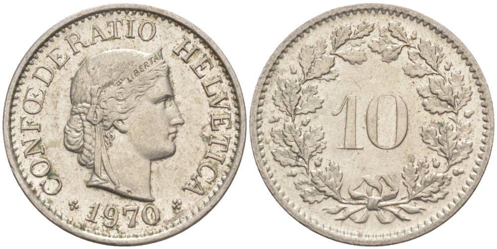 Швейцария 10 раппенов 1970 KM 27 медно-никель 55-433