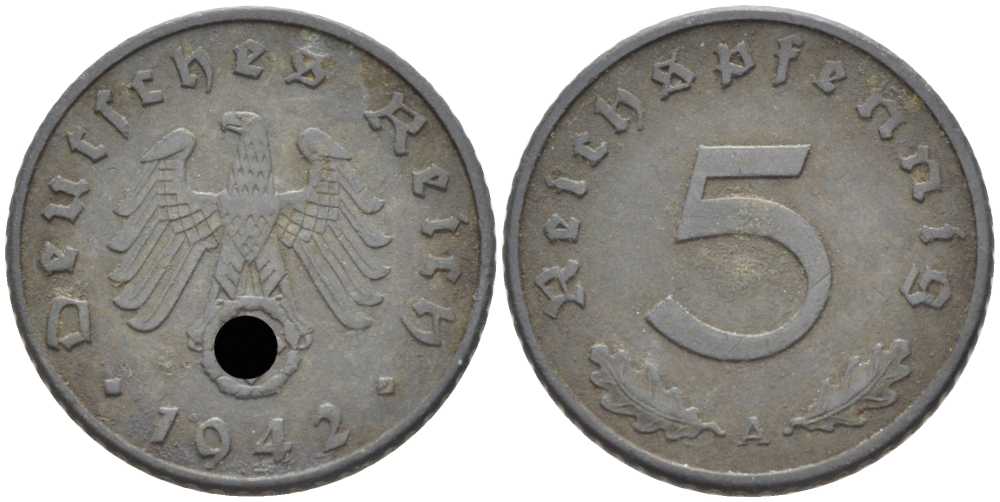 ГЕРМАНИЯ 5 РЕЙХСПФЕННИГОВ 1942 A KM 100, J. 370 цинк 112-535