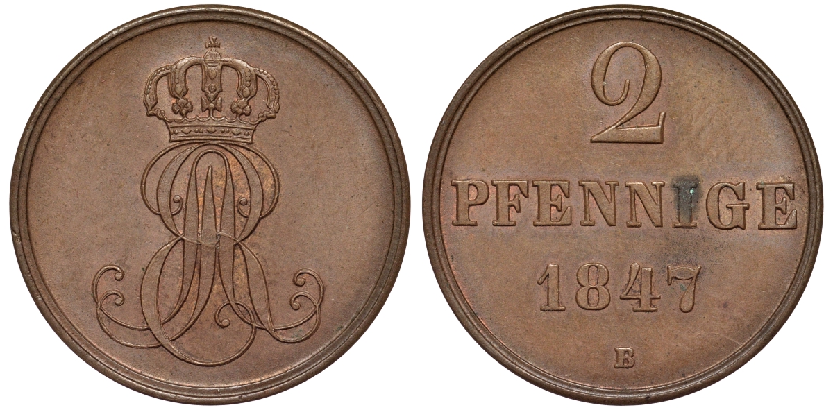 Ганновер 2 пфеннига 1847 B, Эрнст Август (1837-1851) KM 202.1, AKS 124, J. 75 медь 75-1854