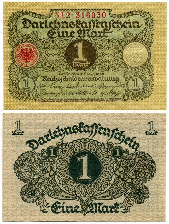 ГЕРМАНИЯ 1 МАРКА 1920 1 МАРТА 1920, ВЕЙМАРСКАЯ РЕСПУБЛИКА Pick 58 бумага аUNC 7547-32-4