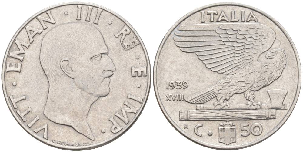 ИТАЛИЯ 50 ЧЕНТЕЗИМО 1939 R, ГОД XVIII, ВИКТОР ЭММАНУИЛ III (1900-1946), немагнитная, ГУРТ РИФЛЁНЫЙ KM 76а, VEM3. 1058a) нержавеющая сталь 3853-253