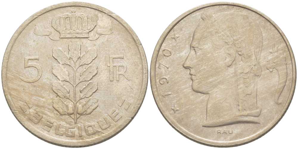 БЕЛЬГИЯ 5 ФРАНКОВ 1970 BELGIQUE, БОДУЭН I (1951-1993) KM 134.1 медно-никель 213-611