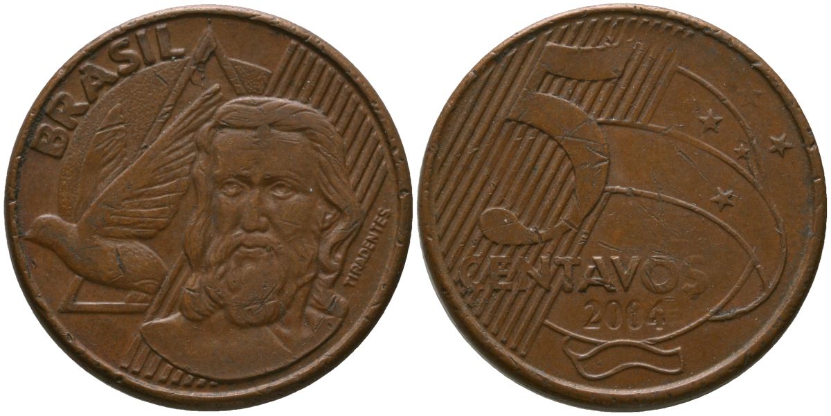 Бразилия 5 сентаво 2004 KM 648, Schon 156 сталь плакированная медью 4523-1021