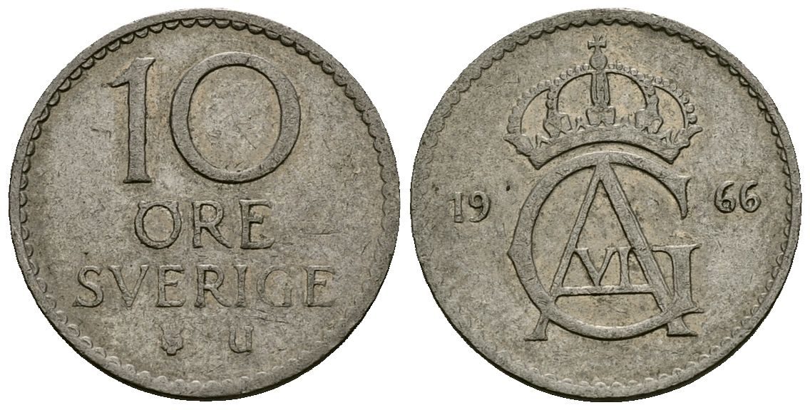 Швеция 10 эре 1966 U, Густав VI Адольф (1950-1973) KM 835 медно-никель 4136-869