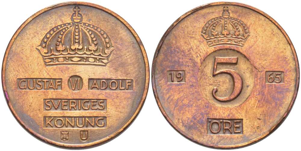 Швеция 5 эре 1965 U, Густав VI Адольф (1950-1973) KM 822 бронза 176-452