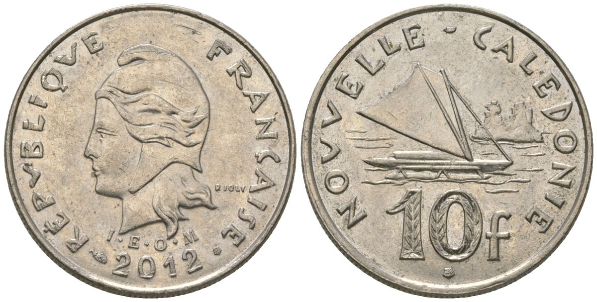 Французская Новая Каледония 10 франков 2012 рыбачья парусная лодка, (IEOM) KM 11a, Schoen 13a, Lec 99k медно-никель 65-854