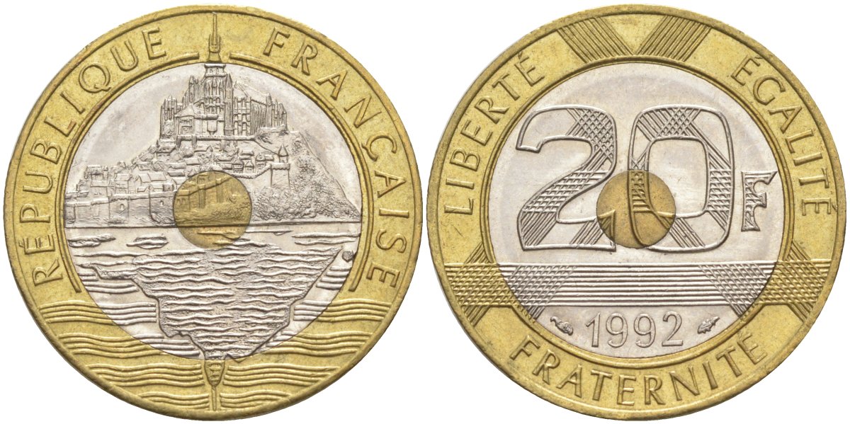 Франция 20 франков 1992 ГОРА СЕН-МИШЕЛЬ KM 1008.1, Le Frank 403.2 триметалл 3855-1124