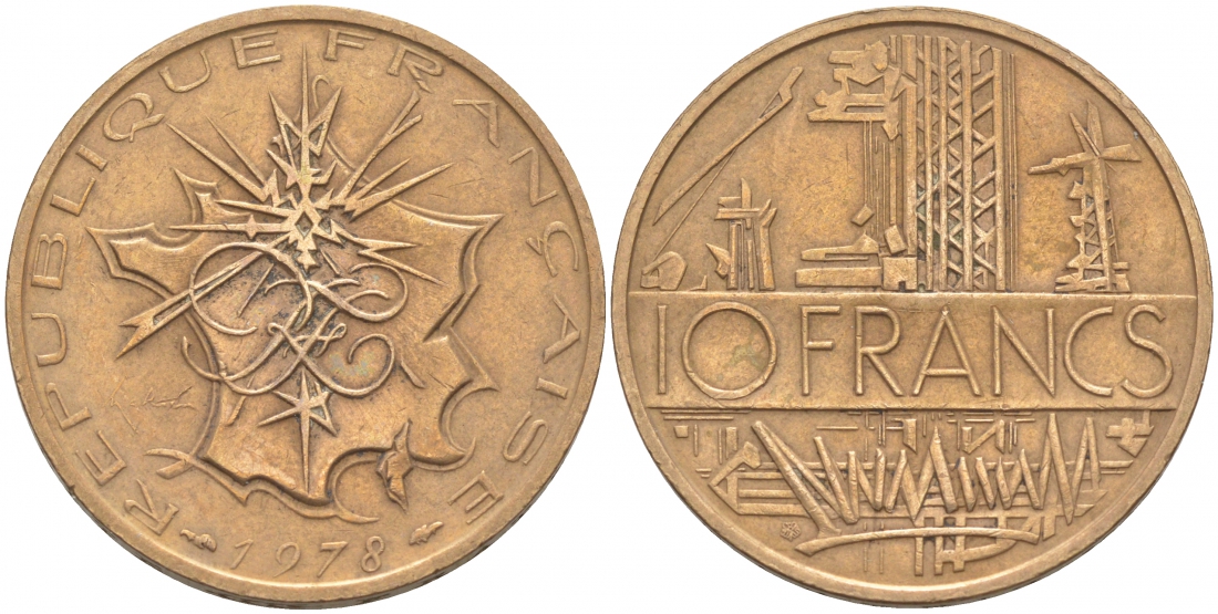 Франция 10 франков 1978 тип Матье KM 940, Le Franc 365.11-12 никель латунь 3855-725