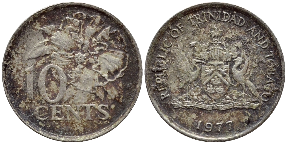Тринидад и Тобаго 10 центов 1977 цветок гибискуса KM 31 медно-никель 4396-856