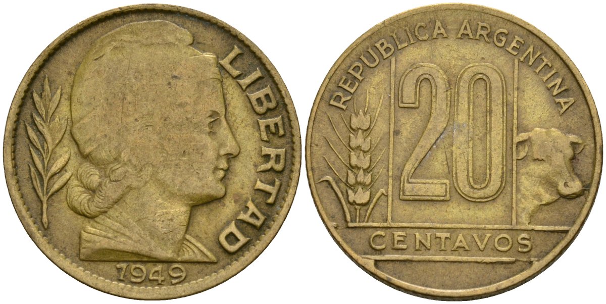 Аргентина 20 сентаво 1949 KM 42 алюминиевая бронза 4132-133