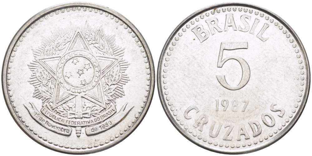 Бразилия 5 крузадо 1987 реформа (1986-1989) KM 606 нержавеющая сталь 65-254