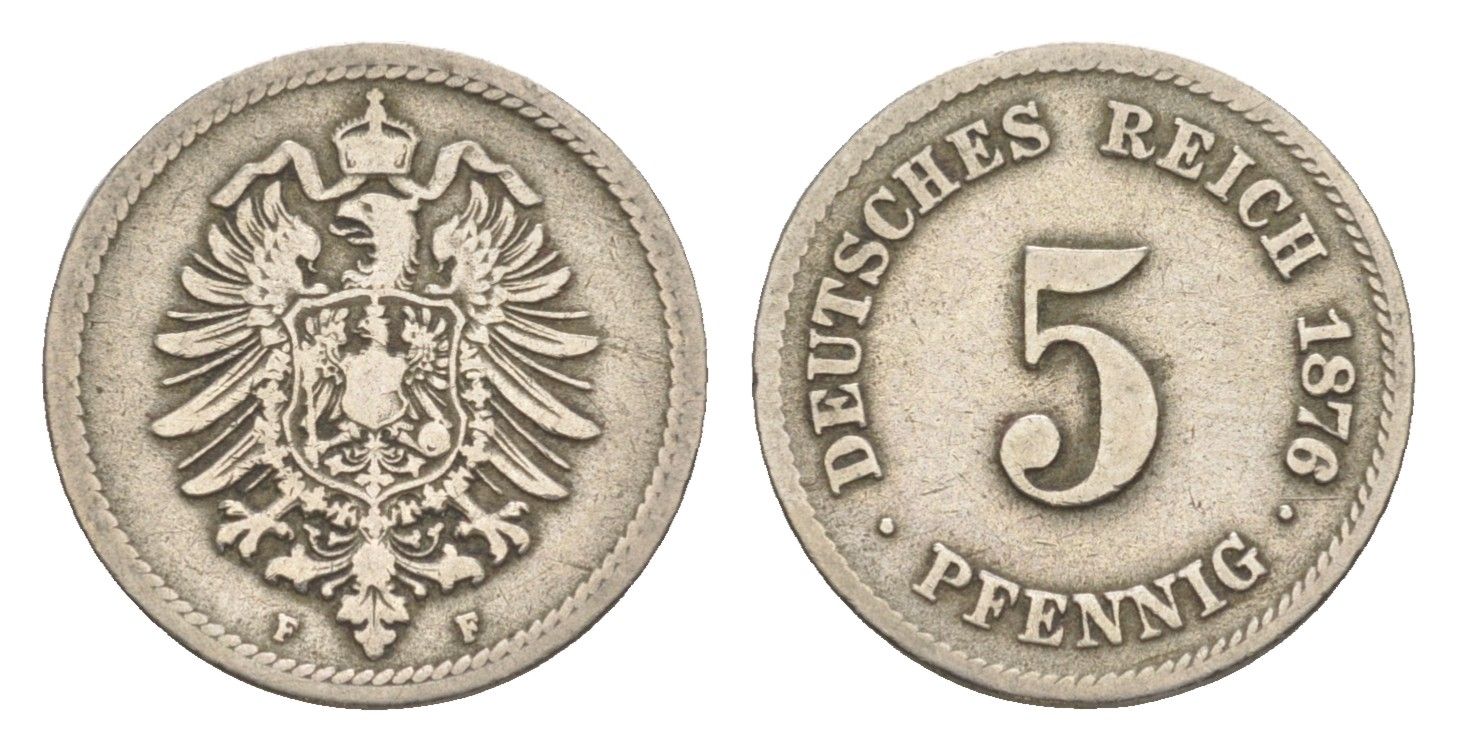 Германия 5 пфеннигов 1876 F, Вильгельм I (1871-1888) KM 3, J. 3 медно-никель 4164-329
