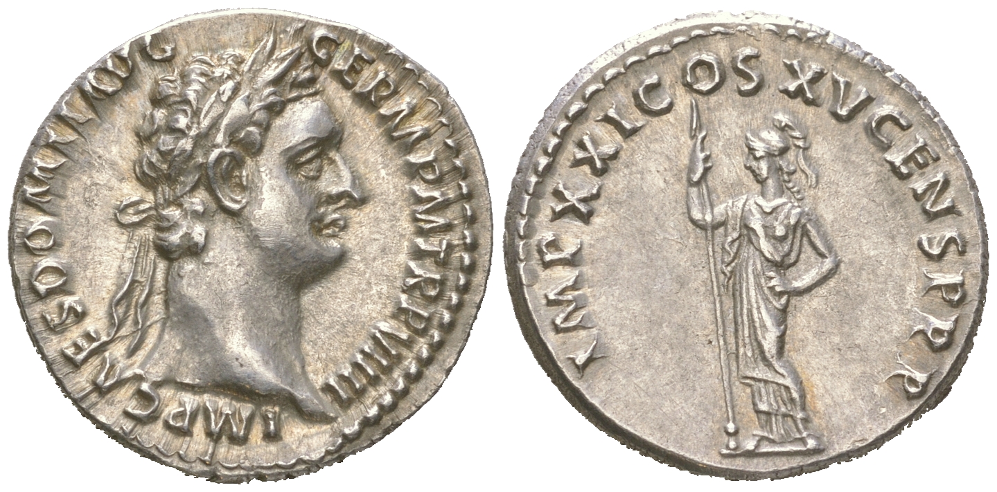 Римская Империя денарий 90-91 Домициан, IMP CAES DOMIT AVG GERM P M TR P VIIII, голова императора/IMP XXI COS XV CENS P P P, Минерва, Рим, 3,46 гр, extremely fine RIC 692 серебро 00-00