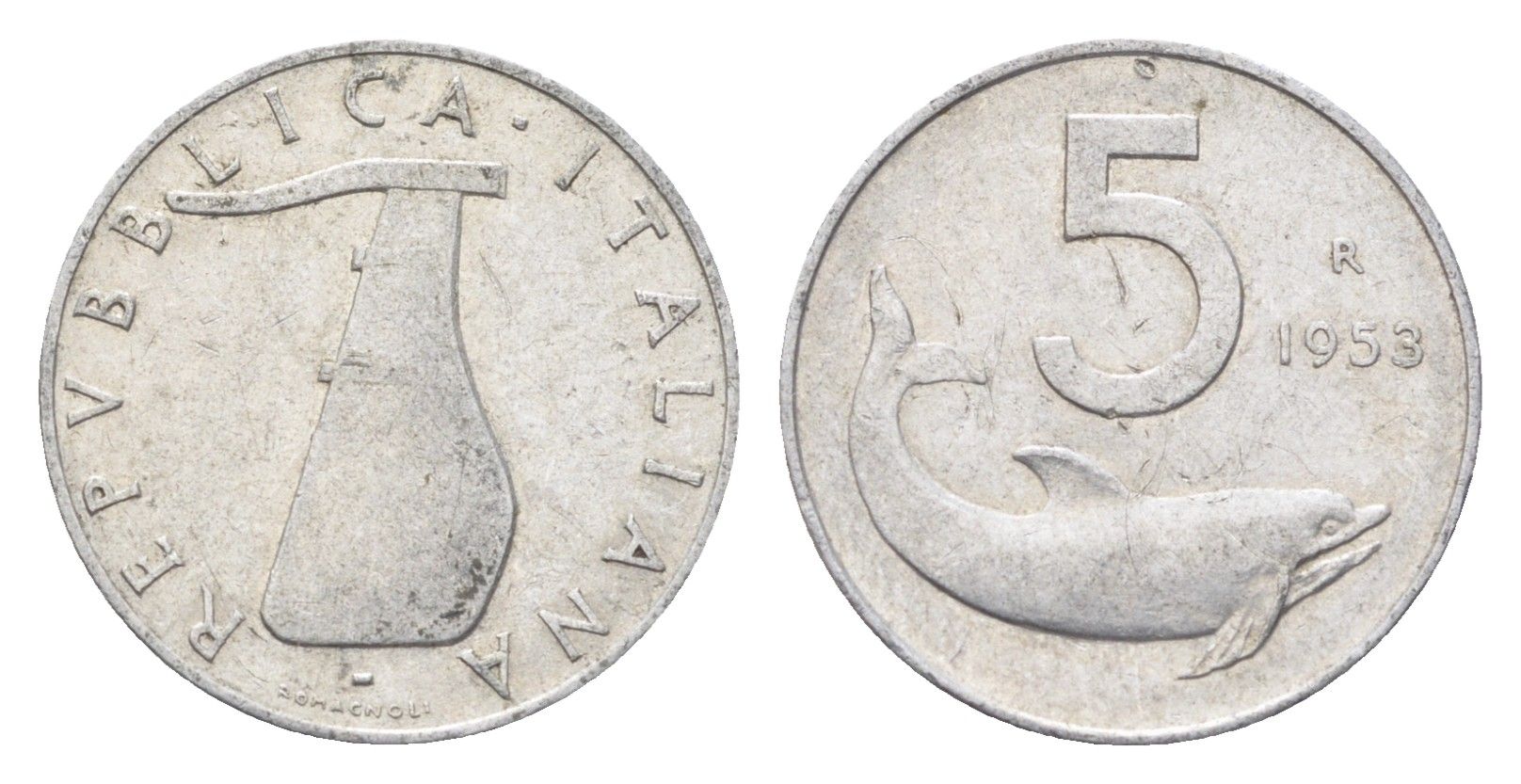 Италия 5 лир 1953 R, дельфин, плуг KM 92 алюминий 4705-155