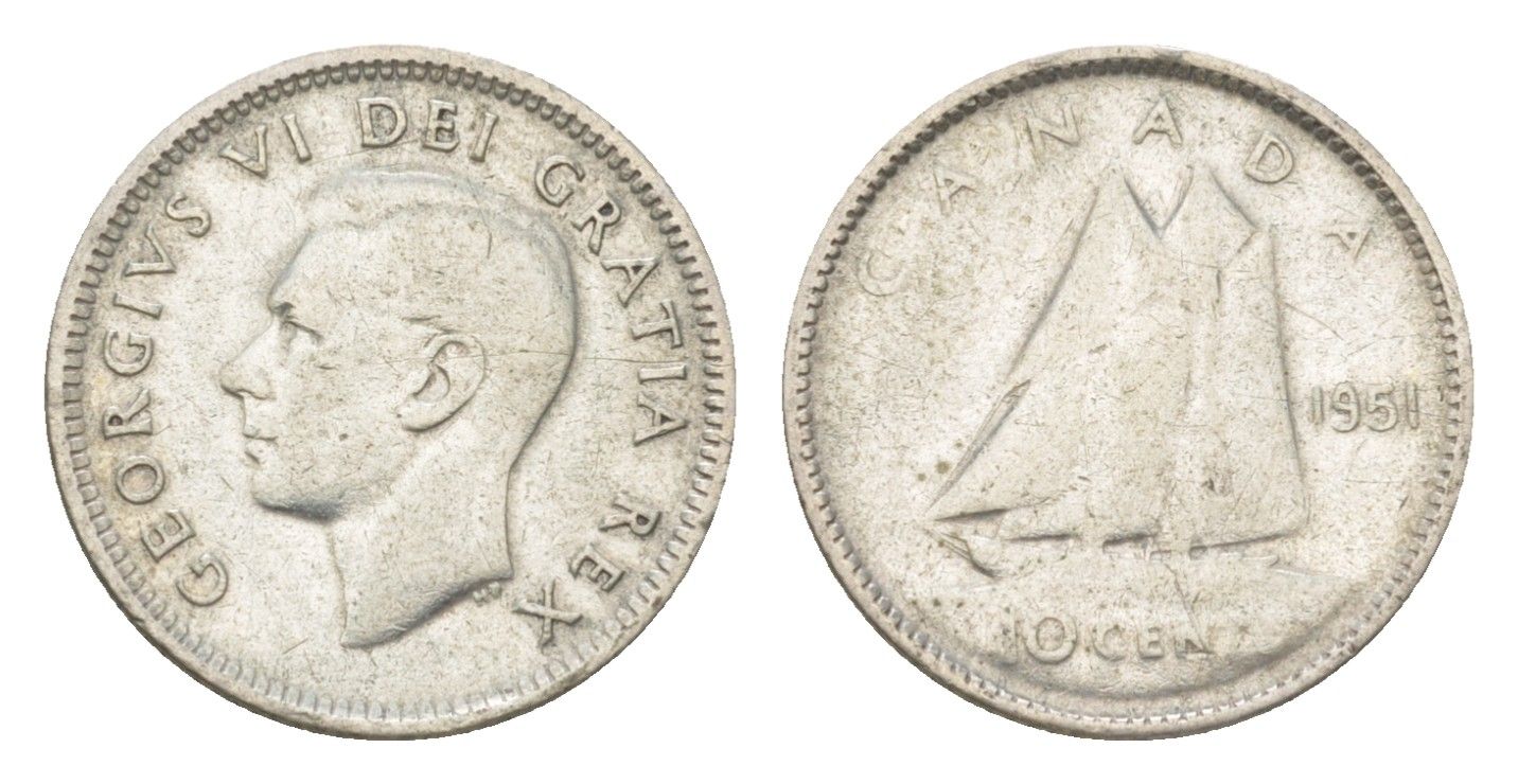 Канада 10 центов 1951 Георг VI (1936-1952) KM 43 серебро 4623-865