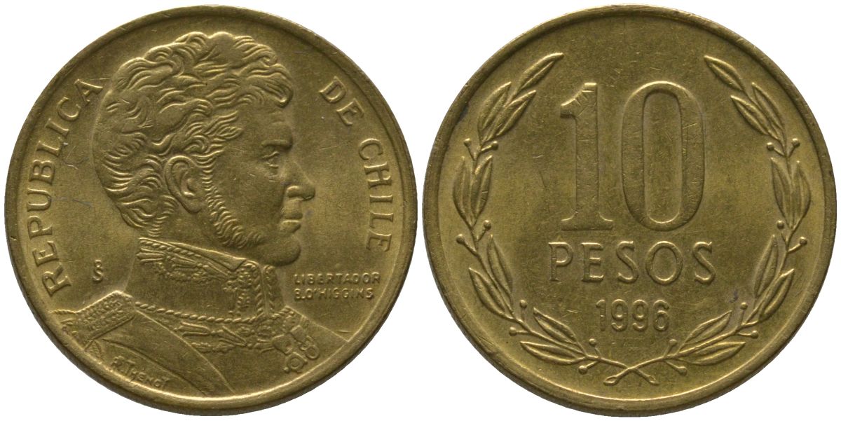 Чили 10 песо 1996 So KM 228.2, Schon 82 алюминиевая бронза aUNC 4544-625