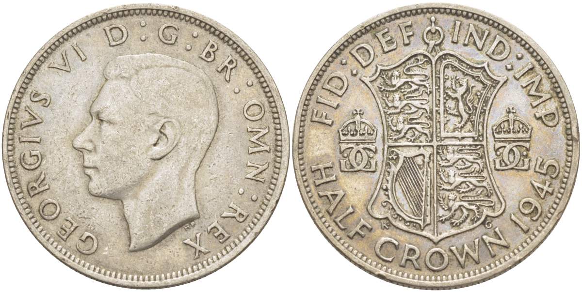 Великобритания 1/2 кроны 1945 Георг VI (1936-1952) KM 856, Spink 4080 серебро 4531-615