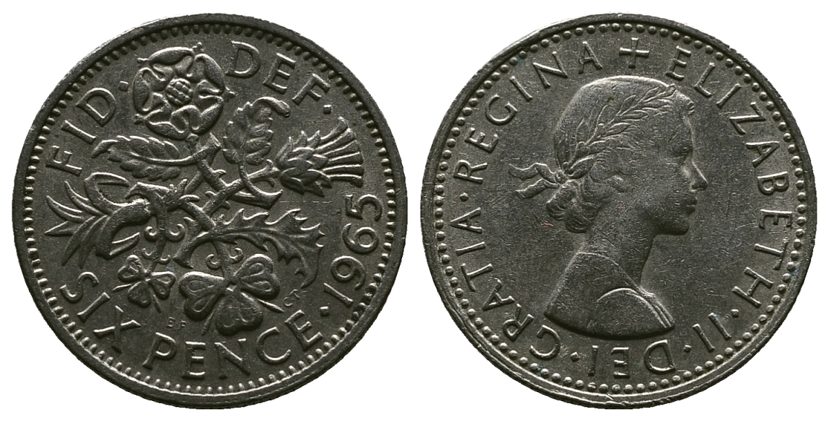 Великобритания 6 пенсов 1965 Елизавета II (1952-2022) KM 903, Spink 4149 медно-никель 4381-836