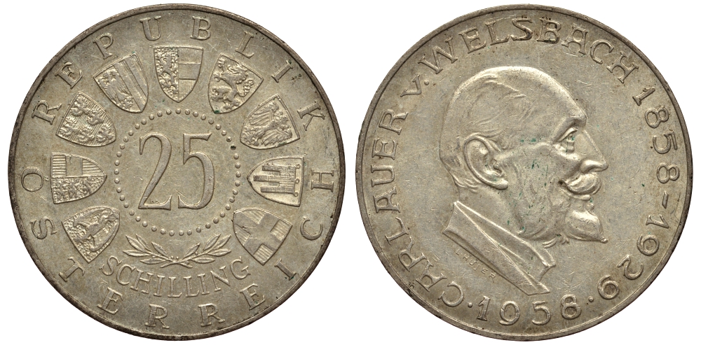 Австрия 25 шиллингов 1958 100 лет со дня рождения Карла Вельсбаха KM 2884 серебро aUNC 413-3121