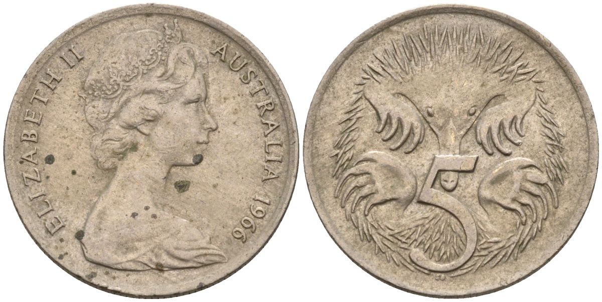 Австралия 5 центов 1966 Елизавета II (1952-) молодой портрет, ехидна KM 64 медно-никель    4154-425