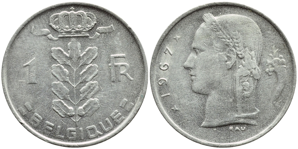 БЕЛЬГИЯ 1 ФРАНК 1967 BELGIQUE KM 142.1 медно-никель 4388-1014