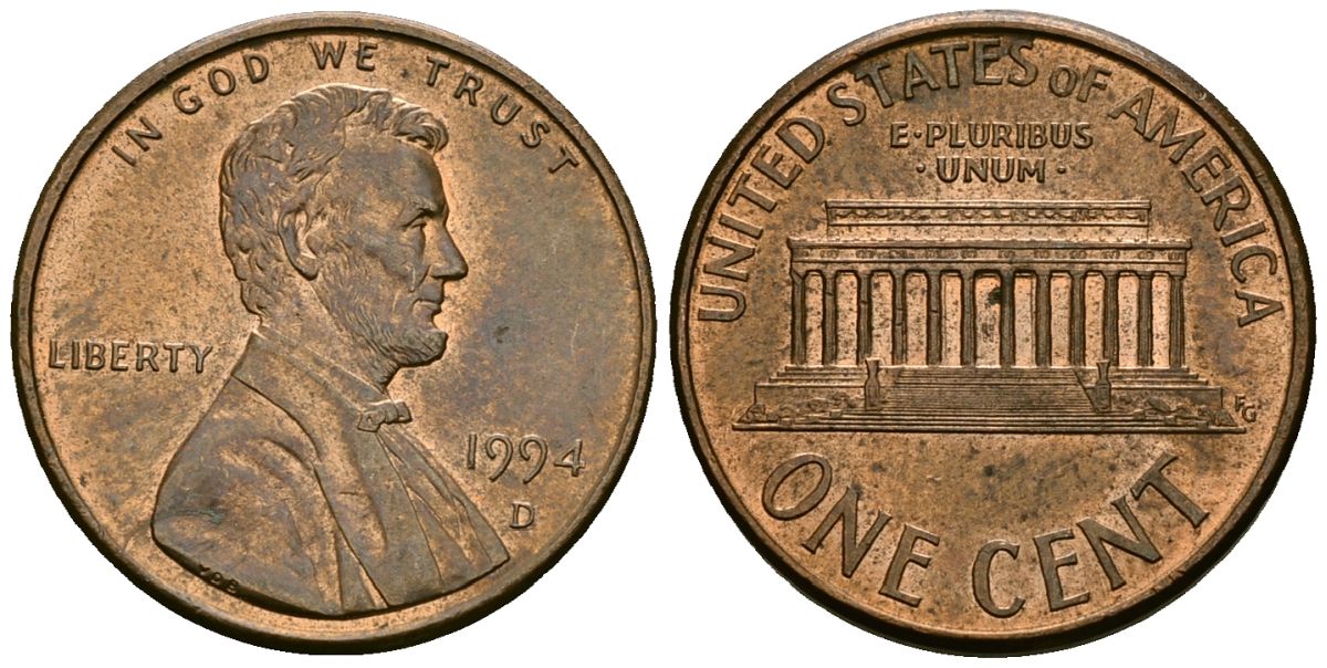 США 1 цент 1994 D KM 201b цинк плакированный медью 4136-1012