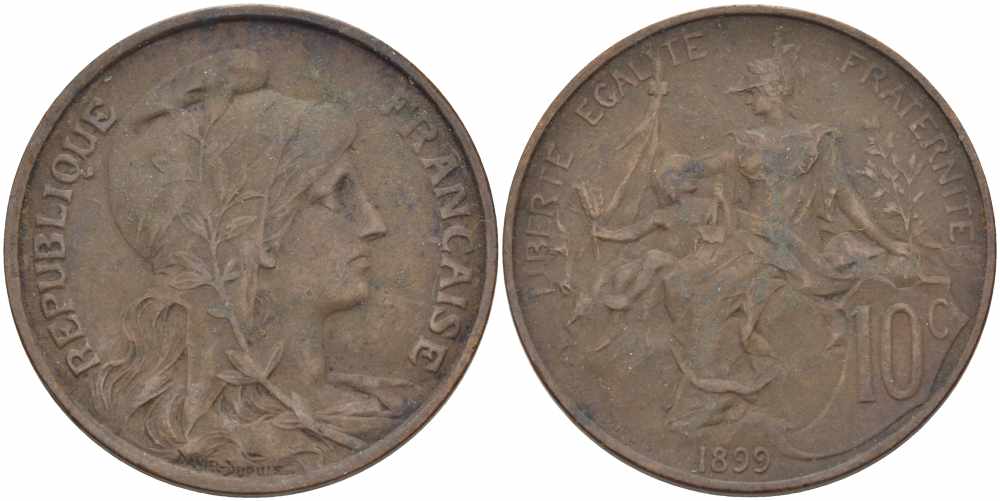 ФРАНЦИЯ 10 САНТИМОВ 1899 ТИП ДАНИЭЛЬ ДЮПЮИ KM 843, LA FRANC 136.8 бронза 109-126