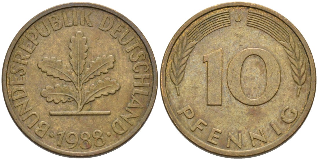 ФРГ 10 пфеннигов 1988 J КМ 108, J. 383 сталь плакированная латунью 4573-134
