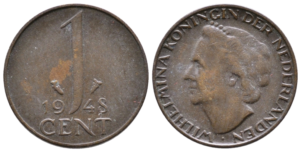Нидерланды 1 цент 1948 Вильгельмина (1890-1948), год тип KM 175 бронза 177-518