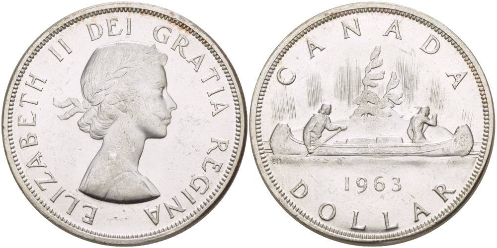 Канада 1 доллар 1963 Елизавета II (1952-2022), каноэ KM 54 серебро 4527-1215