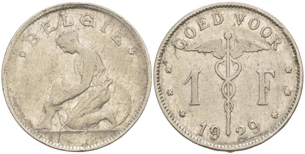 БЕЛЬГИЯ 1 ФРАНК 1929 BELGIE KM 90 никель 4546-222