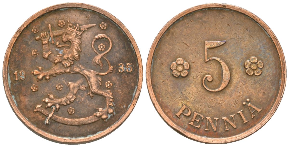 Финляндия 5 пенни 1935 KM 22 медь 4174-529