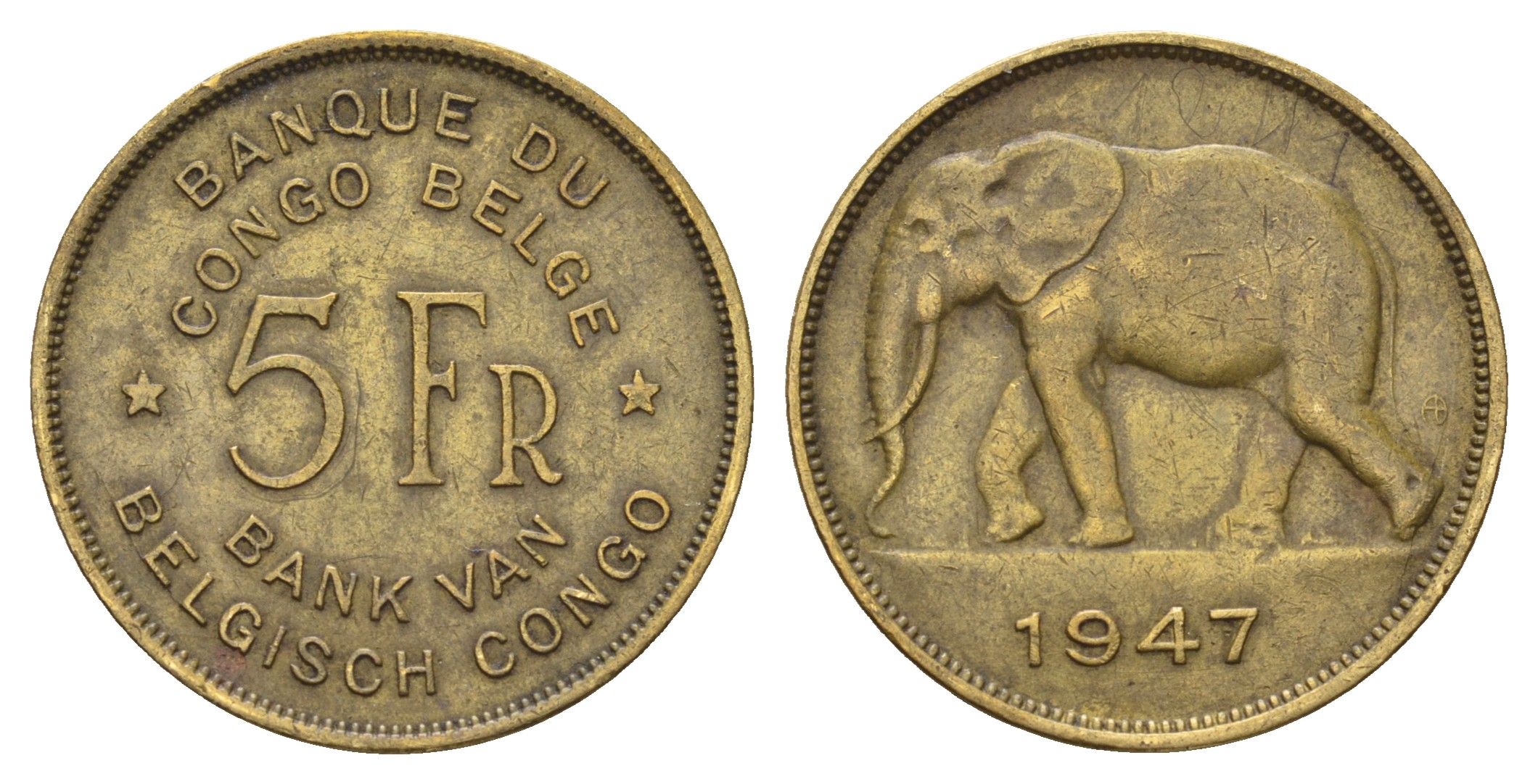 Бельгийское Конго 5 франков 1947 Леопольд III (1934-1951), год-тип KM 29 латунь 1518-541