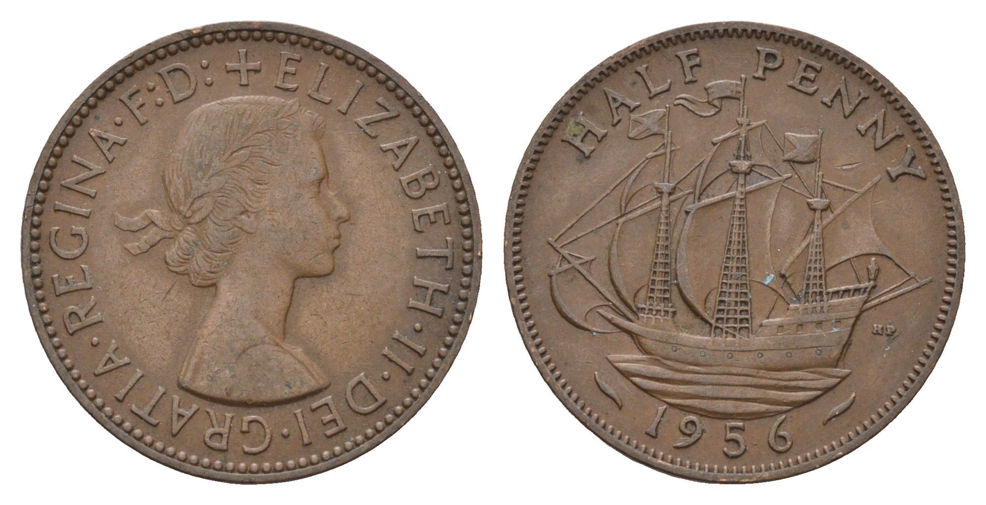 Великобритания 1/2 пенни 1956 Елизавета II (1952-2022) KM 896, Spink 4158 бронза 4675-426