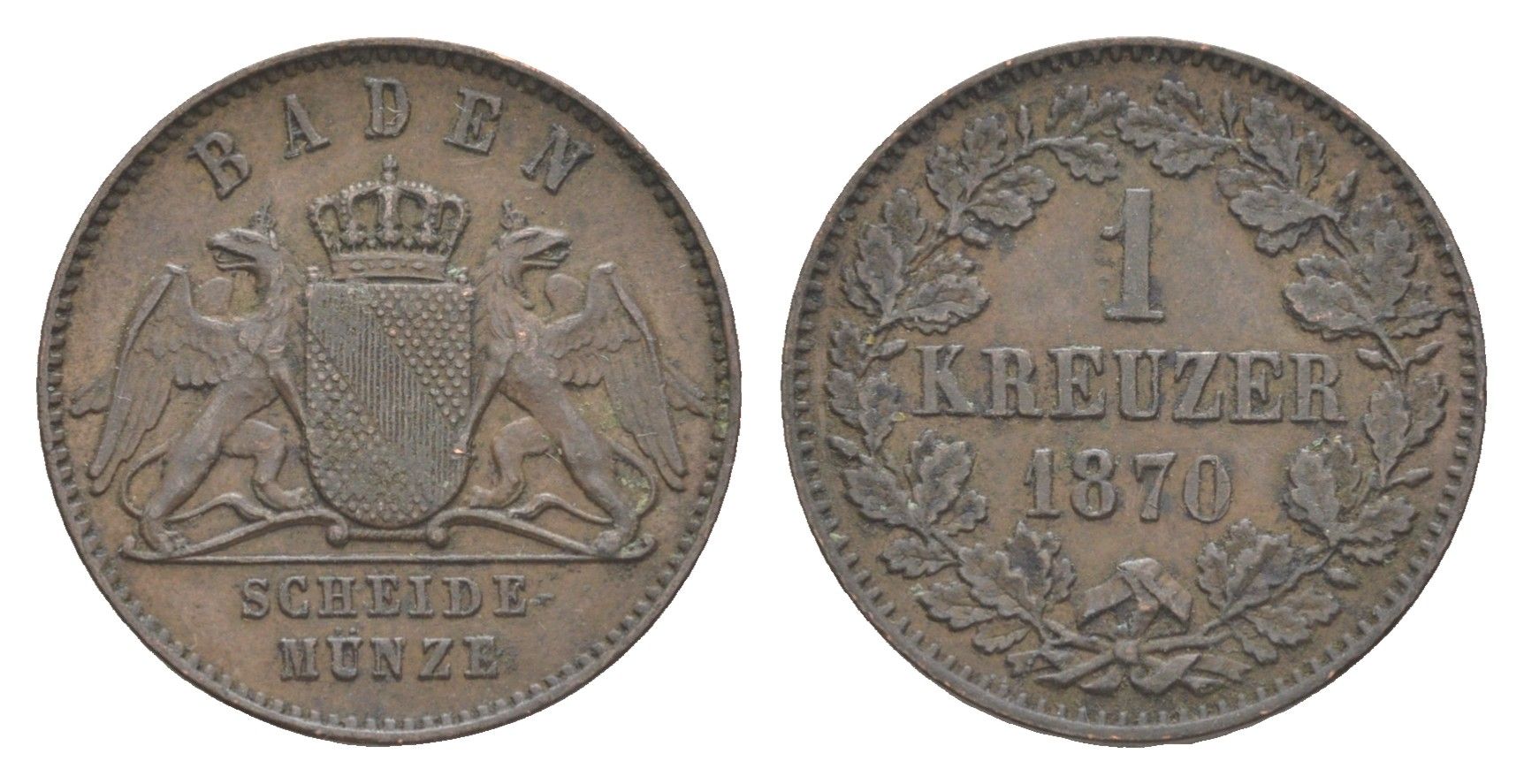 Баден 1 крейцер 1870 Фридрих I (1856-1907) KM 242 медь 4604-944