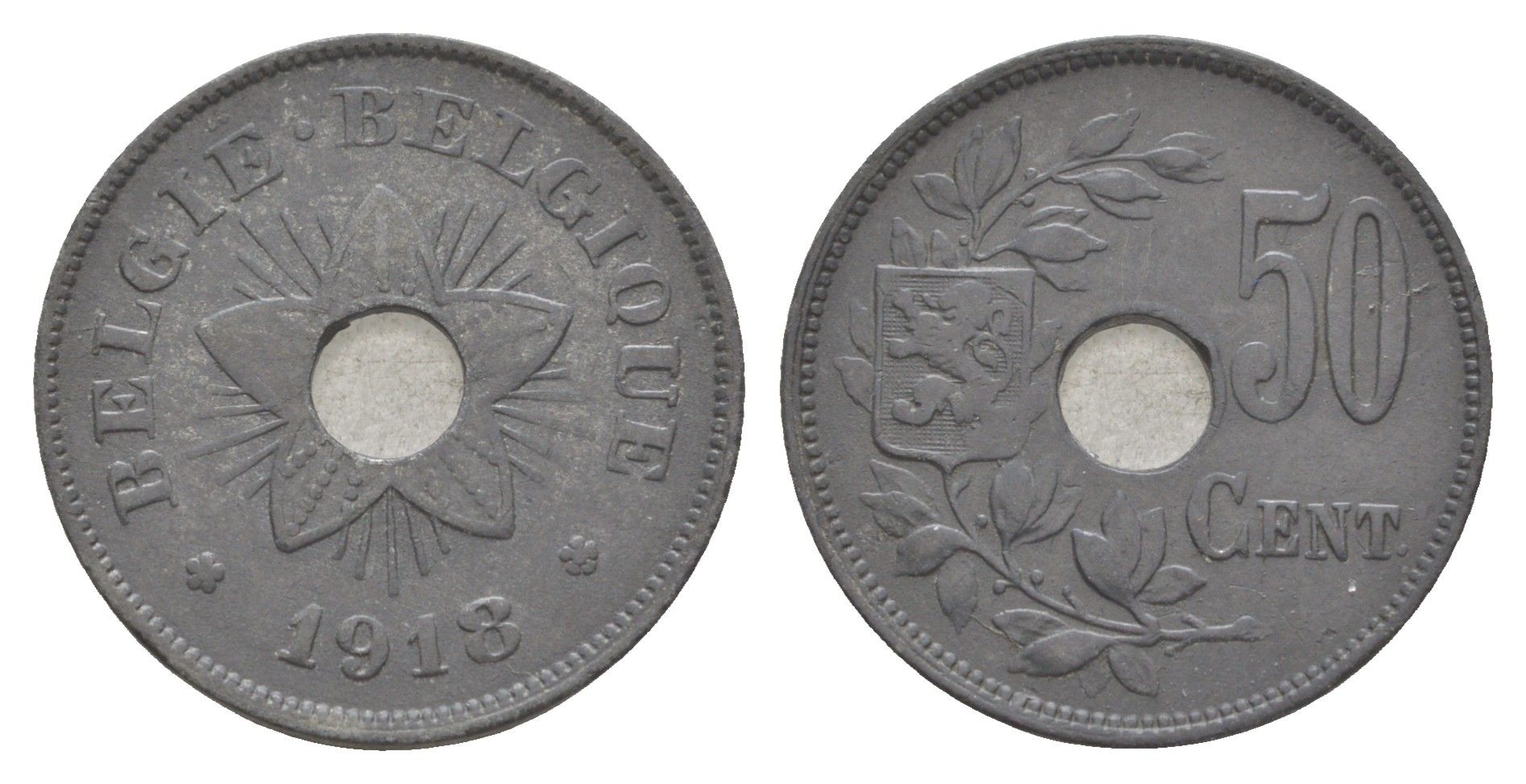 Бельгия 50 сантимов 1918 германская оккупация Первая мировая война, Альберт I (1909-1934) KM 83 цинк 4156-1036