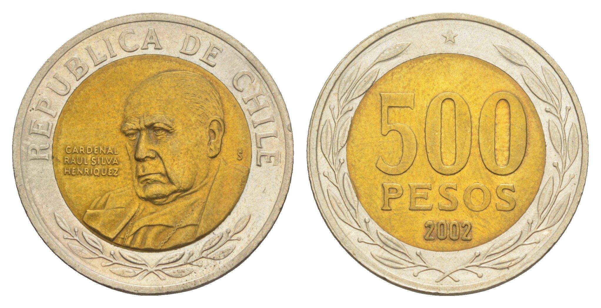 Чили 500 песо 2002 кардинал Рауль Сильва Энрикес (1907-1999) KM 235 биметалл UNC 4641-541