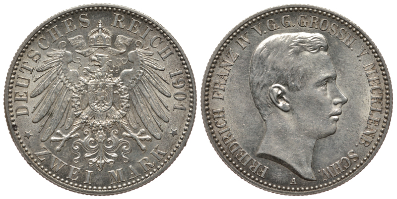 Мекленбург-Шверин 2 марки 1901 J. 85, KM 332 серебро aUNC 00-000-00