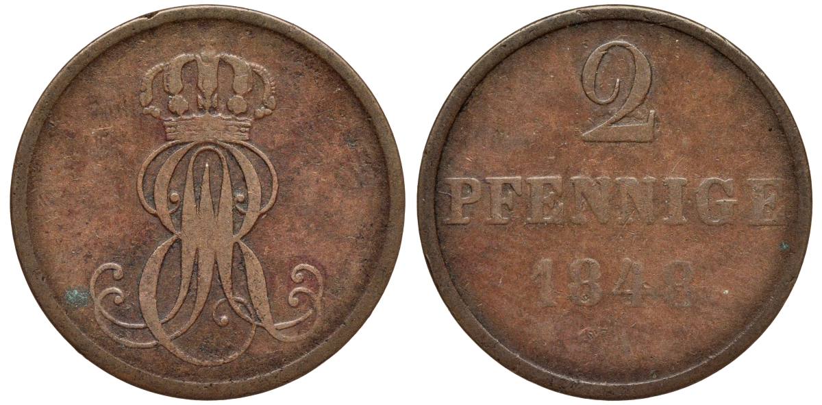 Ганновер 2 пфеннига 1848 A, Эрнст Август (1837-1851) KM 202.2, AKS 125, J. 75 медь 75-1917