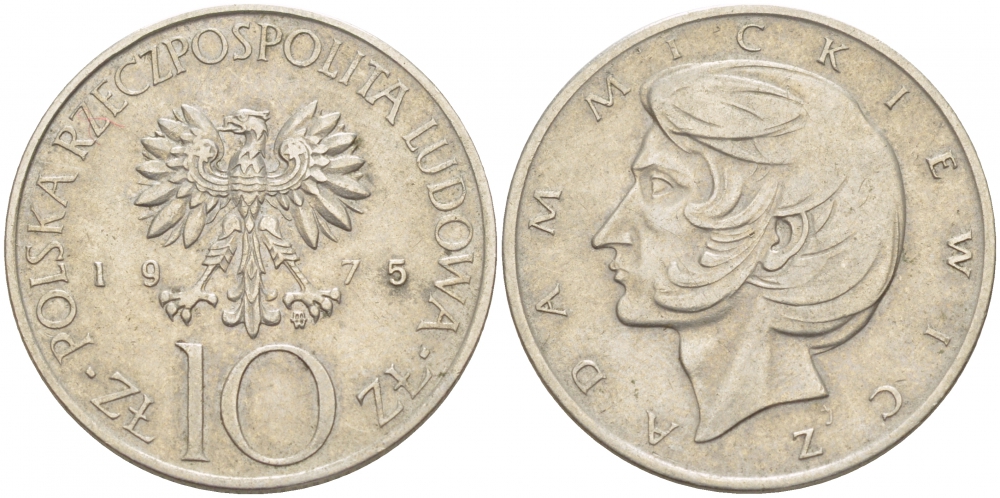 Польша 10 злотых 1975 MW, Адам Мицкевич (1798-1855) KM 74, Parchimowicz 242a медно-никель 4539-933