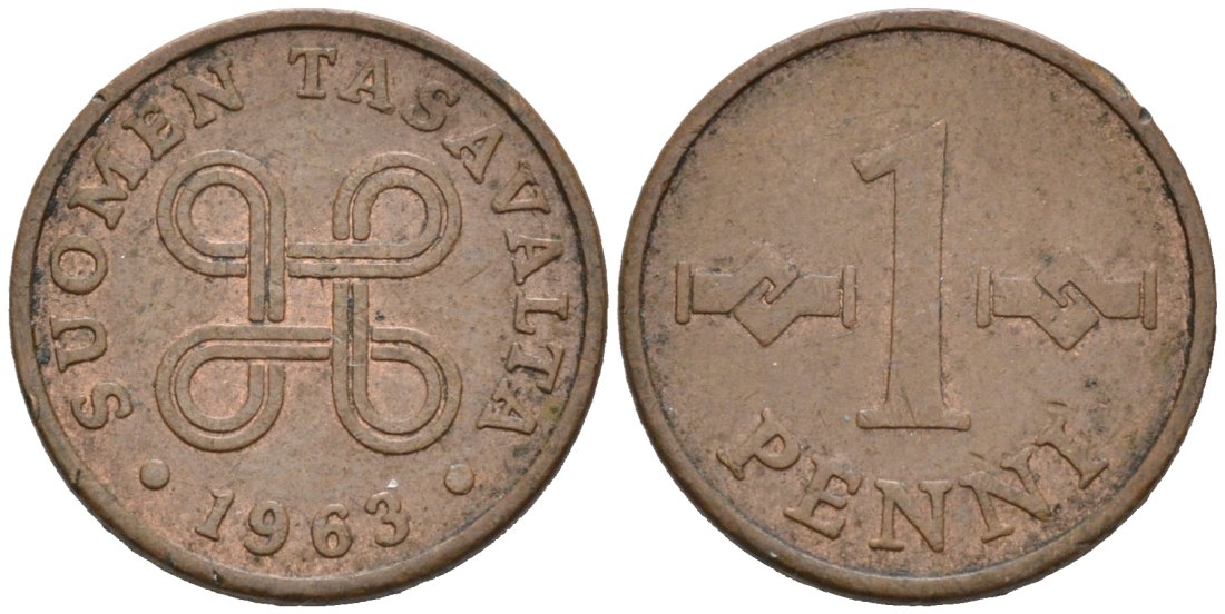Финляндия 1 пенни 1963 первый год KM 44 медь 4564-853