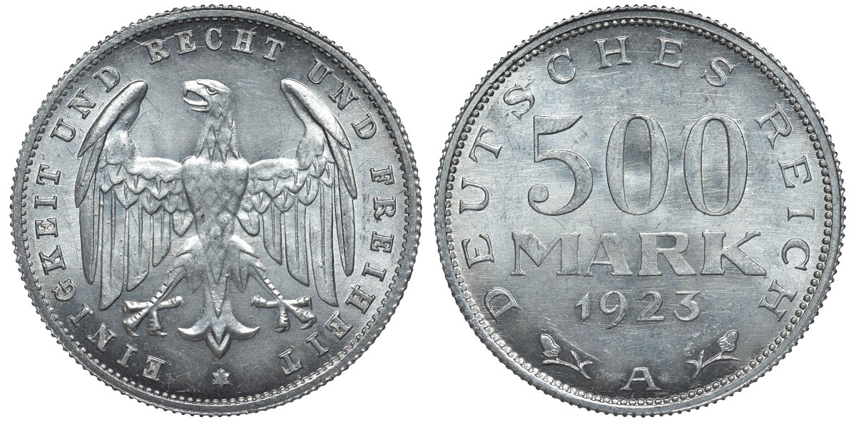 Германия 500 марок 1923 А KM 36, J.305 алюминий UNC 4587-612
