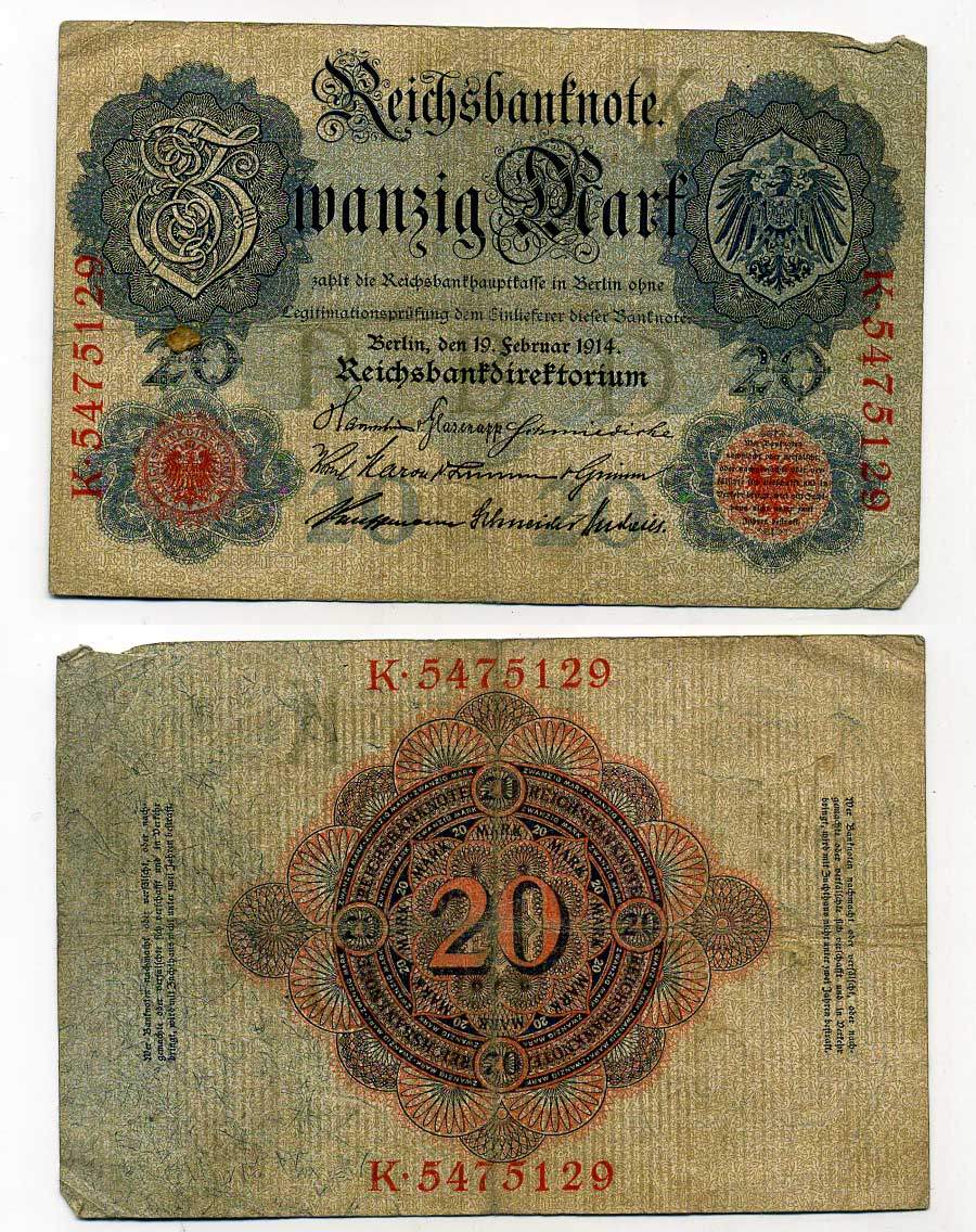 ГЕРМАНИЯ 20 МАРОК 1914 СЕМЬ ЦИФР В НОМЕРЕ Pick 46b бумага 6283-48-1