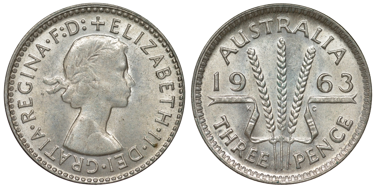 Австралия 3 пенса 1963 m, Елизавета II (1952-2022) KM 57 серебро 71-861