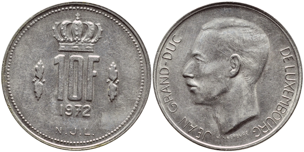 ЛЮКСЕМБУРГ 10 ФРАНКОВ 1972 KM 57 никель 4398-837