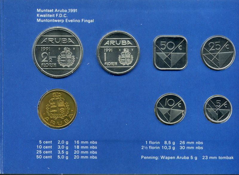 Аруба официальный набор из 6 монет 1991 в оригинальном буклете, с жетоном монетного двора KM MS6 UNC 2-5-2-35