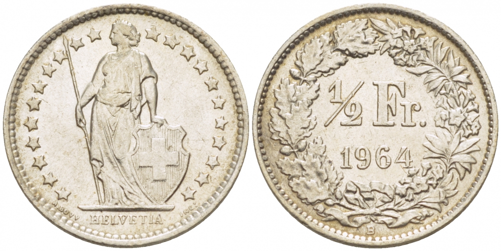Швейцария 1/2 франка 1964 KM 23 серебро 3309-657