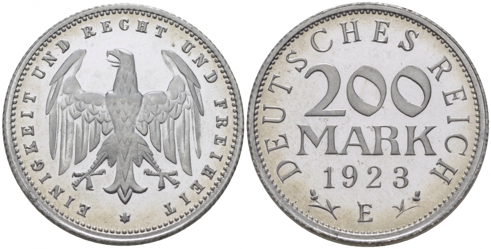 Германия 200 марок 1923 E, Веймарская республика, тираж 4095 ЭКЗ., Weege 22, J. 304, KM 35 алюминий PROOF 00-814-34