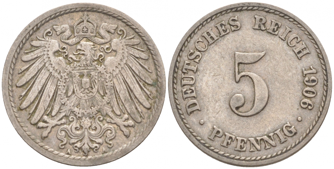 ГЕРМАНИЯ 5 ПФЕННИГОВ 1906 A, KM 11, J. 12 медно-никель 73-1765
